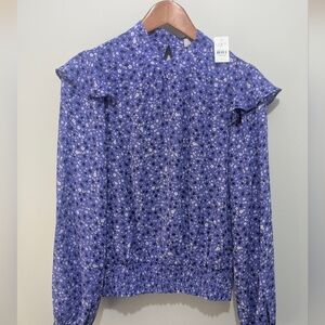 NWT LOFT Women's Small Purple Ditsy Floral Balloon Sleeve Cinched Waist Blouse